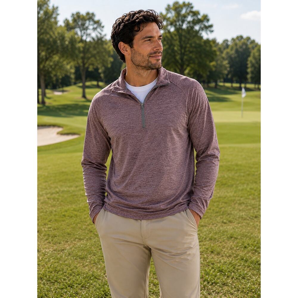 Mens 1/4 Zip Performance Pullover Heather Burgundy Golf Hiking L Outside